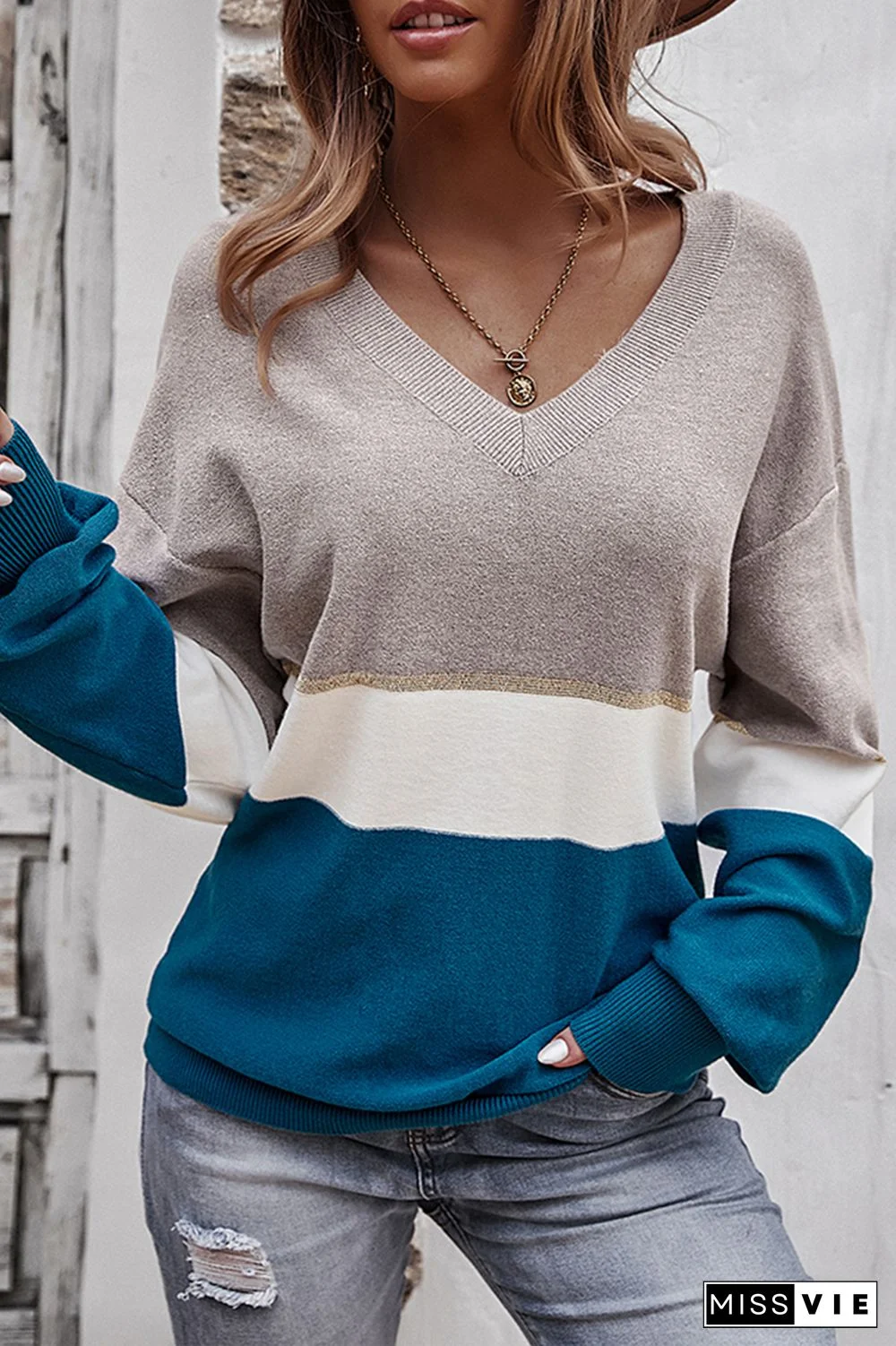 Casual Patchwork  Contrast V Neck Tops