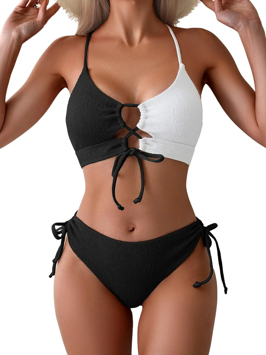 Women's Sexy Bikini Set Color Block Lace Up 2 Piece Bathing Suit Tie Side Swimsuit