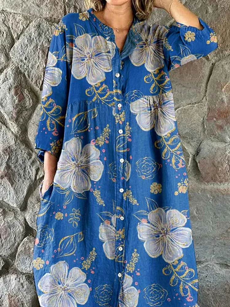 Women's Elegant Floral Print Shirt Style Cotton and Linen Dress