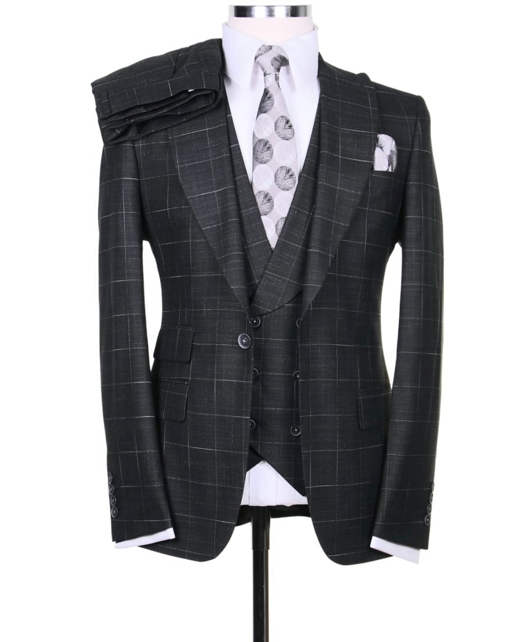 Men's black and grey checked single breasted 3pcs suit.