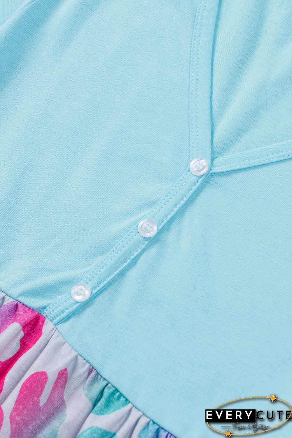 Sky Blue Leopard Color Block Buttoned V Neck T Shirt