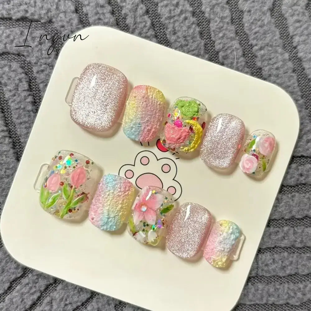 10Pcs Handmade Manicure Short Coffin Fake Nails Cute Limited Nails Press On Nails Design with Adhesive Nail File Set