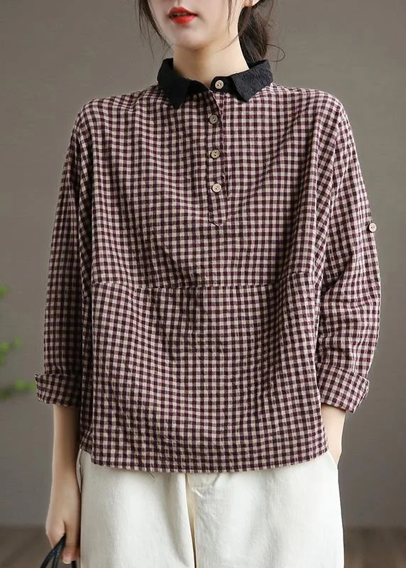 Bohemian Red Plaid Clothes Lapel Patchwork Art Spring Tops