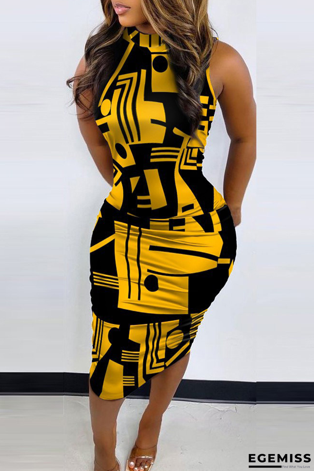 Yellow Casual Print Patchwork Half A Turtleneck Pencil Skirt Dresses | EGEMISS