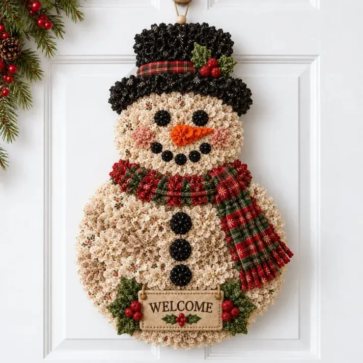 Snowman Welcome fabric flower door hanging design