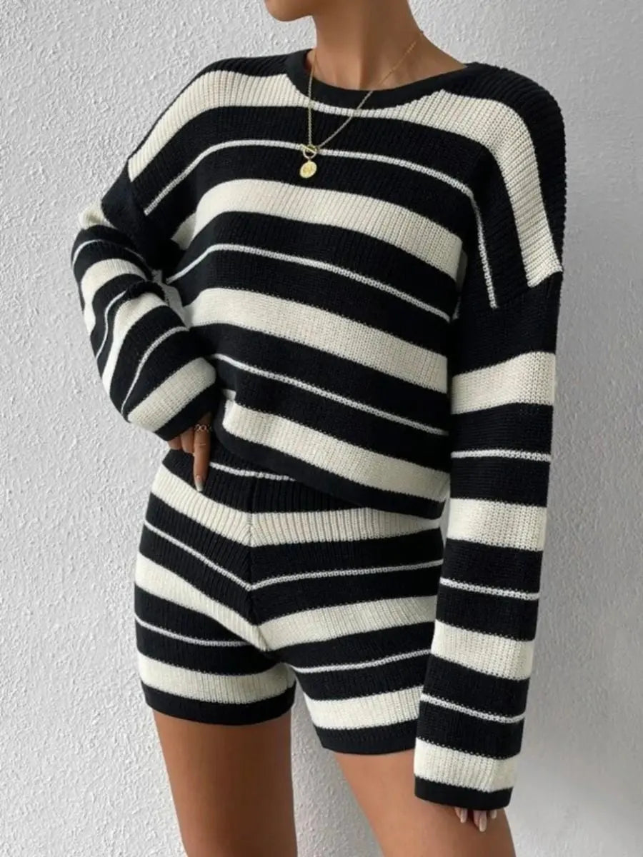 Round Neck Striped Sweater & Shorts Two-Pieces Sets