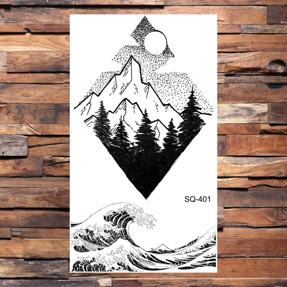 Small Forest Pine Tree Temporary Tattoos For Women Men Realistic Whale Mountain Sea Wave Fake Tattoo Sticker Arm Body Tatoos