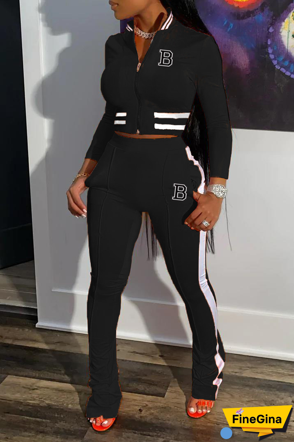 Black Street Print Patchwork Mandarin Collar Long Sleeve Two Pieces