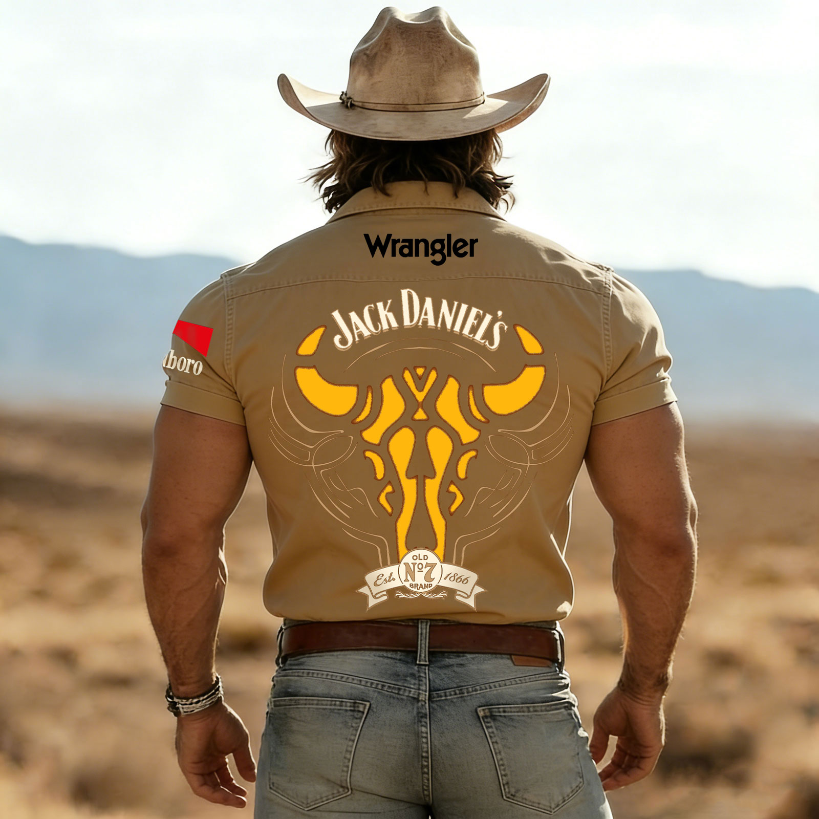 Western-Inspired Bull Skull Print Short Sleeve Shirt For Men