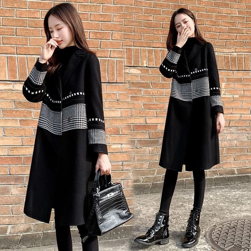 2021 Fashion Off Season Black Tweed Coat Women's Middle Length New Thousand Bird Check Hepburn Woolen Coat Autumn And Winter