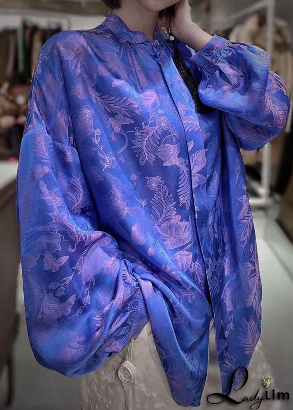 Beautiful Green Stand Collar Patchwork Jacquard Silk Blouses Fall