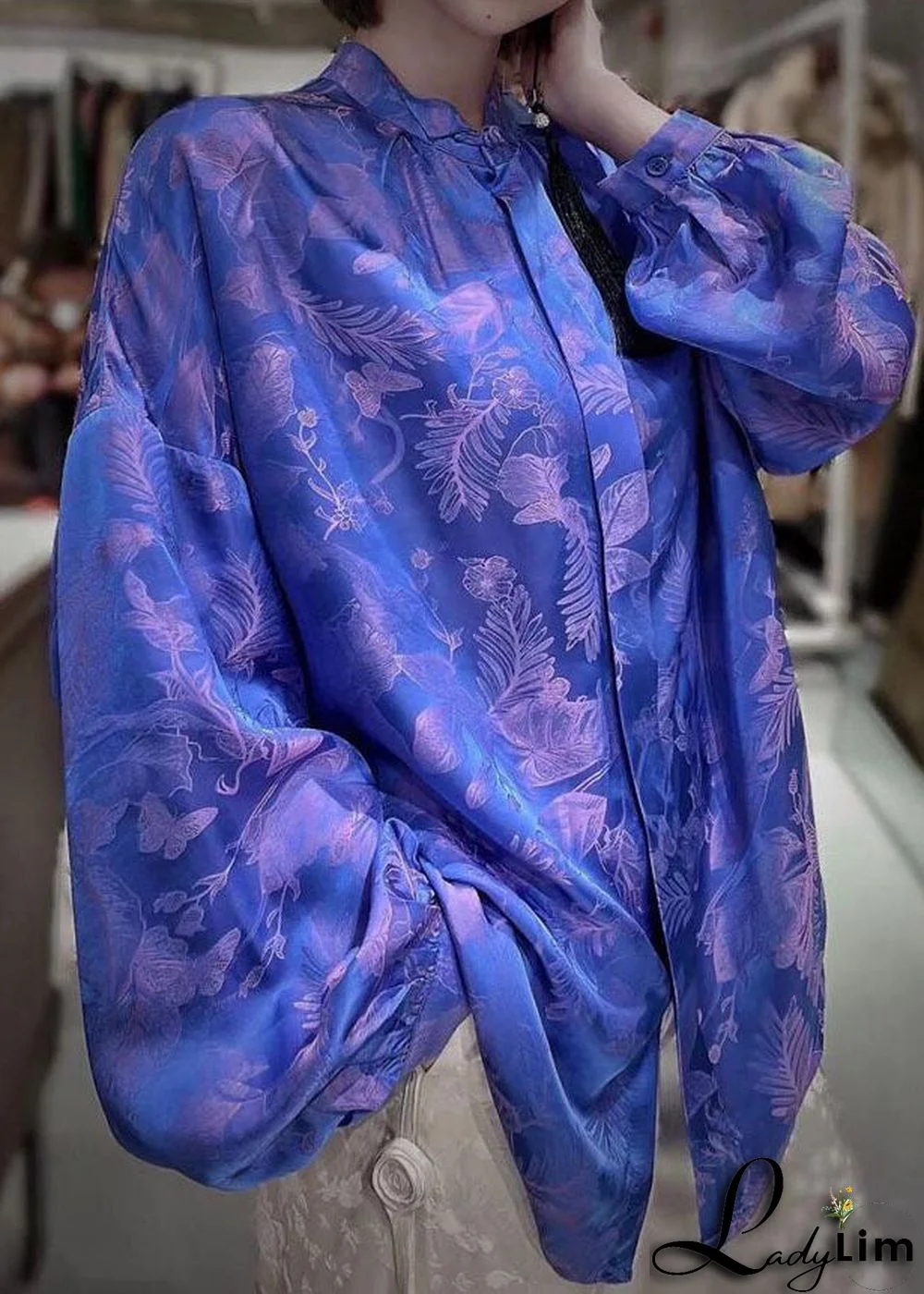 Beautiful Green Stand Collar Patchwork Jacquard Silk Blouses Fall