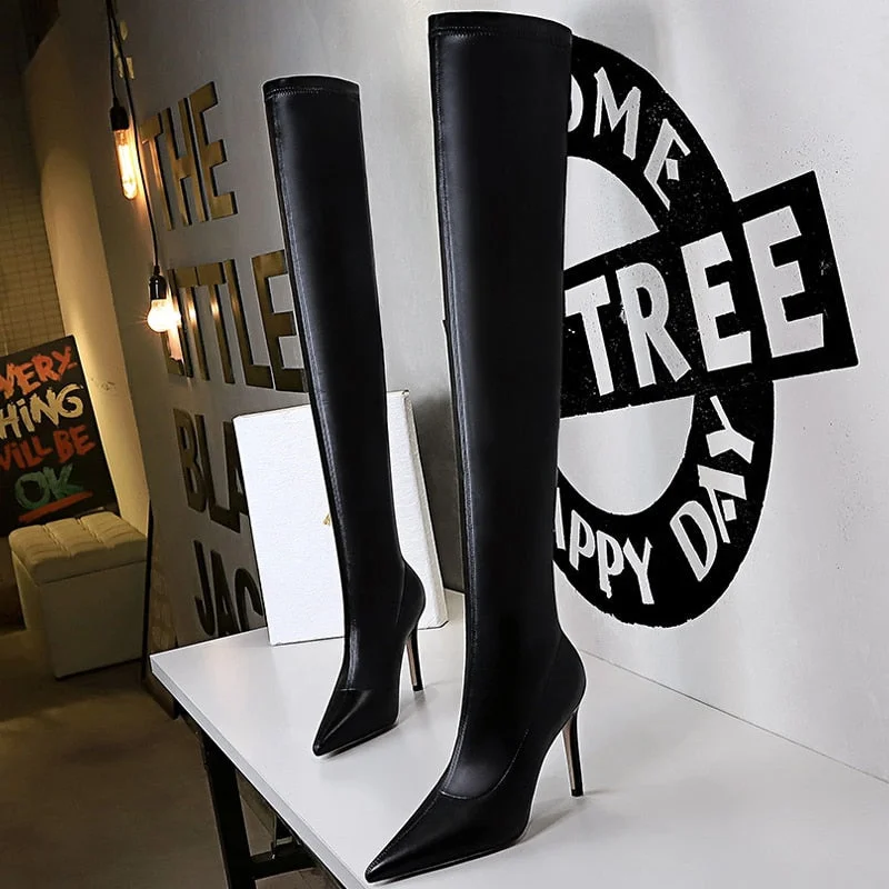 BIGTREE Shoes Stiletto Sexy Over-the-Knee Boots Black Leather Boots Sexy Thin High Heel Boots Winter Long Boots Plus Size 43