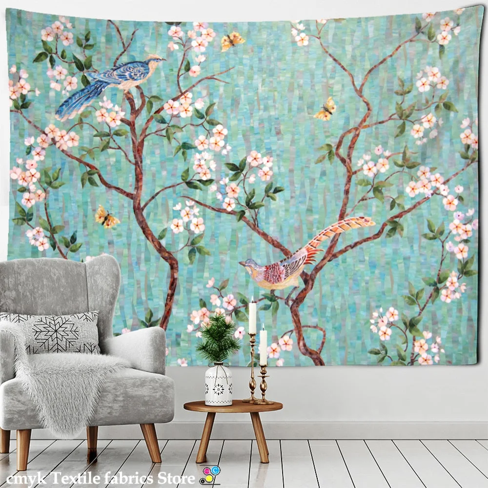 Ink Flower And Bird Painting Tapestry Wall Hanging Bohemian Style Psychedelic Living Room Background Cloth Home Decor