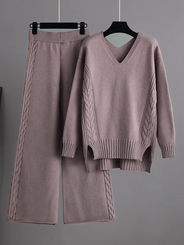 Urban Loose Solid Color V-Neck Sweater Tops& Wide Leg  Pants Suits