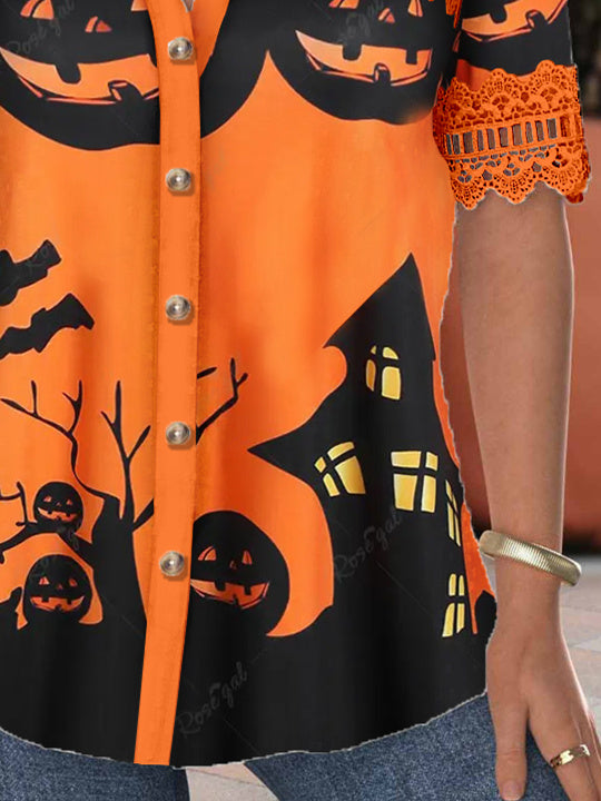 Women's Short Sleeve V-neck Lace Stitching Graphic Hollow Buttons Top