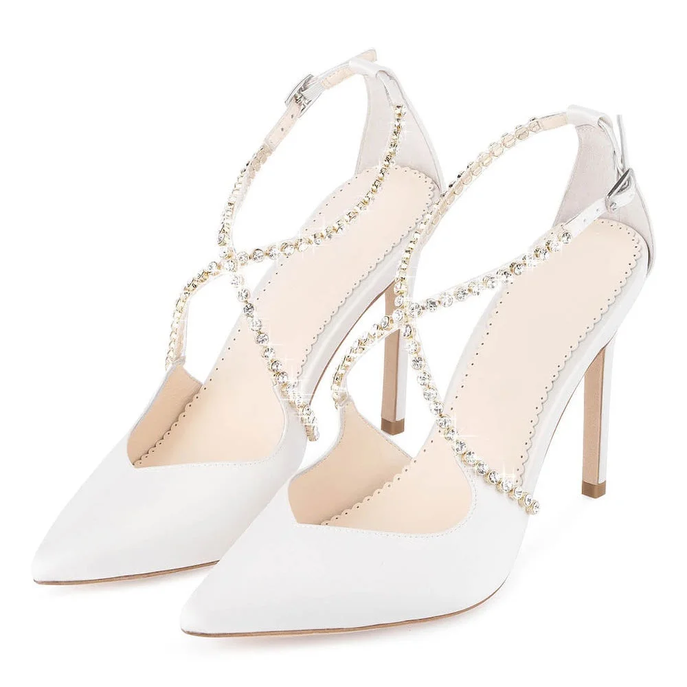 Elegant White Satin Pointed-Toe Cross Rhinestone Strap Wedding Heels