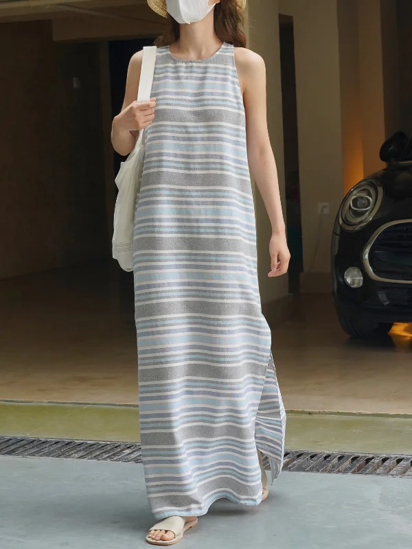 Holiday Style Flax-Striped Loose Side Slit Sundress Maxi Dress