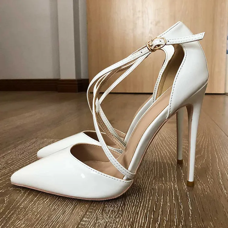 White Glossy Patent Cross Strap Stiletto Pumps for Women