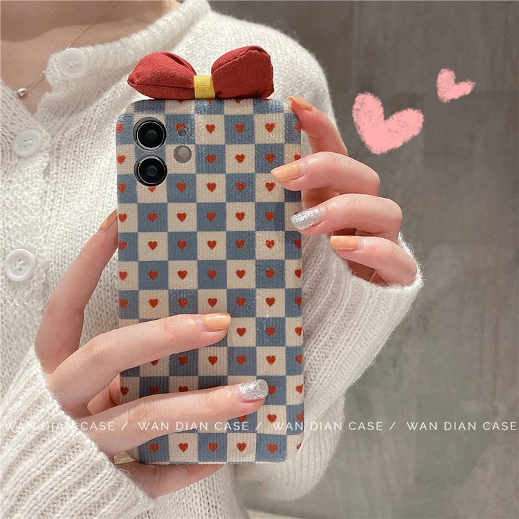 JOURNALSAY Flannel small love chessboard bow for iphone13 anti-drop mobile phone case iphone12/11pro max/xr/xsmax