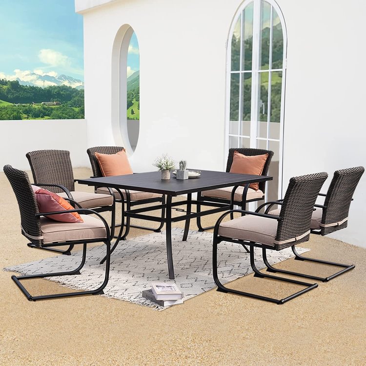 7 Piece Patio Bistro Set with 2 Conversation Chairs and 1 Coffee Table (Beige Cushion)