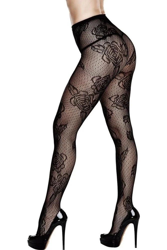 pornhint Pornhint Black Dotted Floral Lace Pantyhose