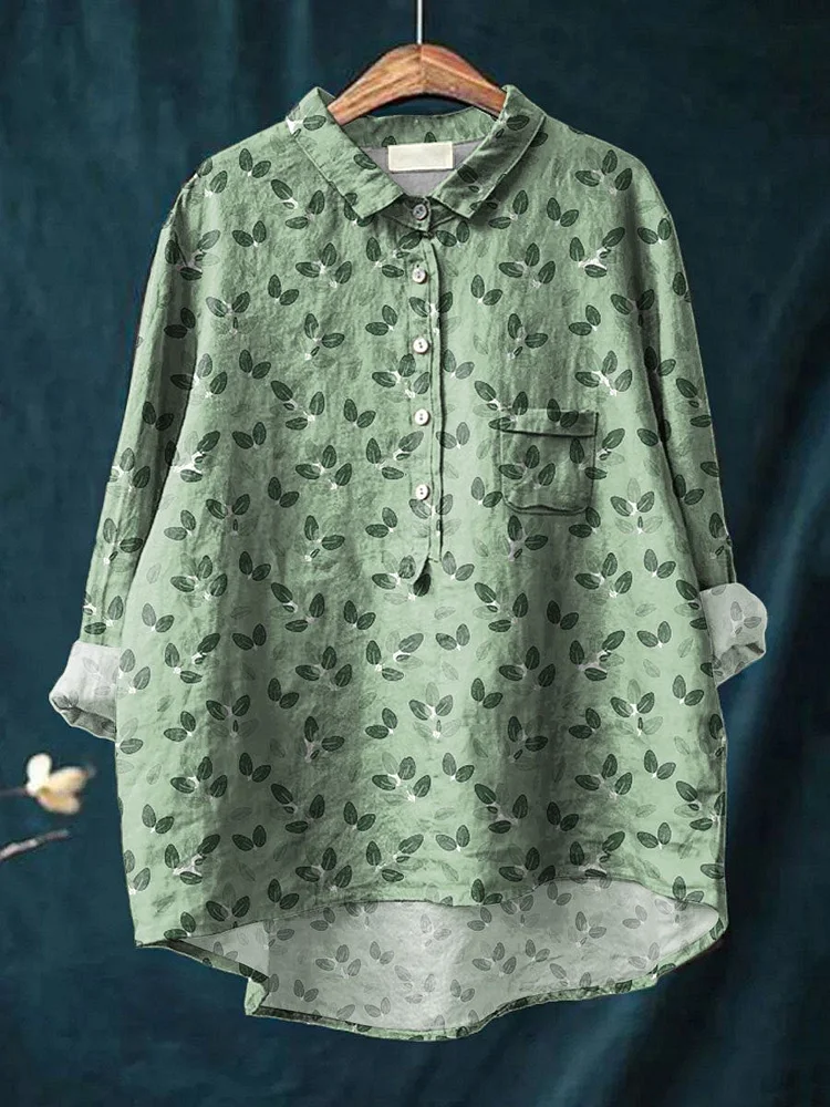 Green leaves Women's  Print Casual Cotton And Linen Shirt