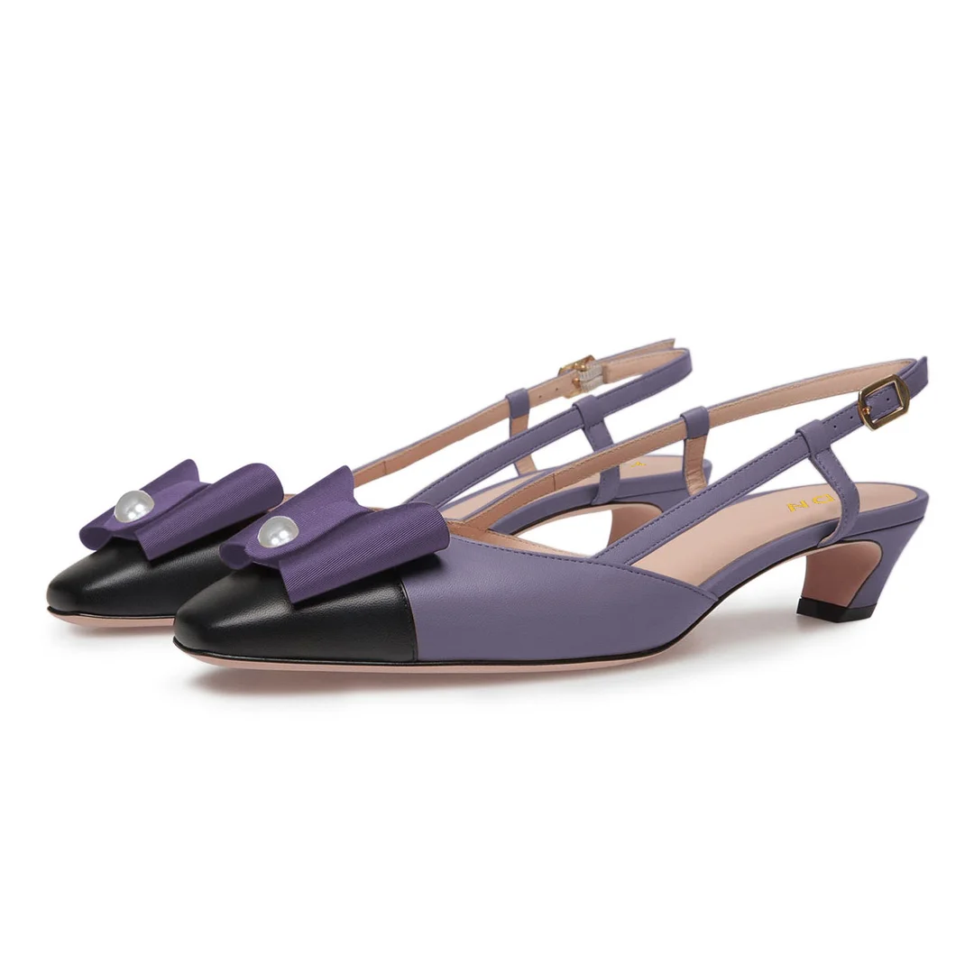 YDN Purple Square Cap Toe Bow Pearl Slingback Chunky Heels