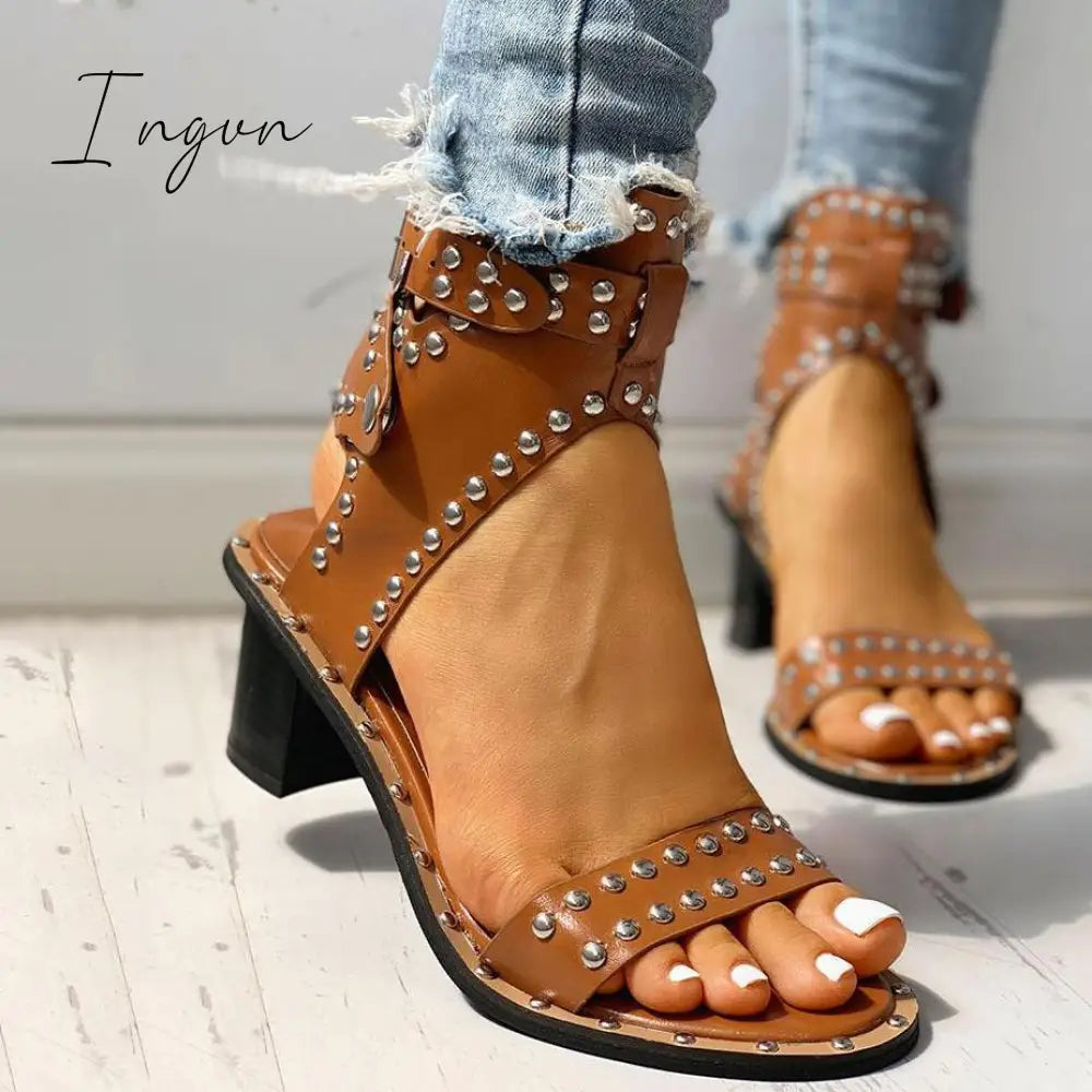 Ingvn - Open Toe Rivet Chunky Heeled Sandals For Women Brown / 5