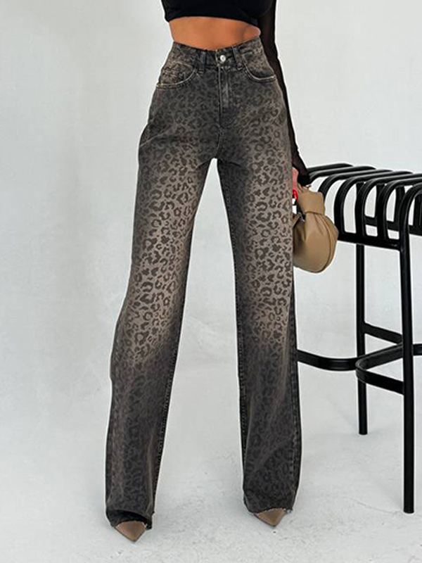 Leopard Print High Waist Side Pockets Wide Leg Jeans