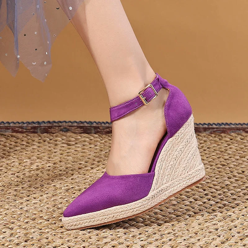 Wongn Wongn Pointed Slope Heel Single Shoes Thick Platform High Heel Hollow Women's Shoes Straw Hemp Rope Bottom Women's Shoes