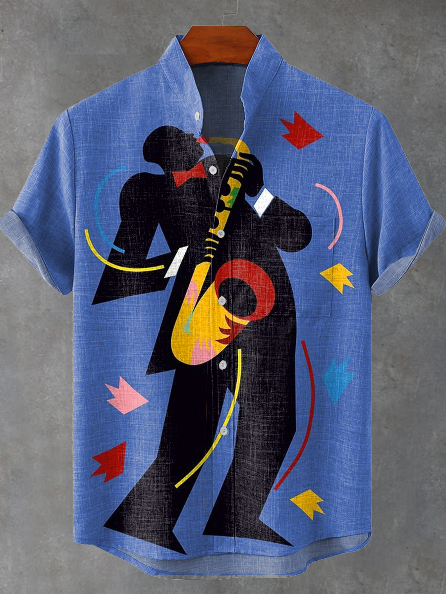 Vintage Abstract Black Jazz Music Illustration Art Print Casual 100% Cotton Shirt