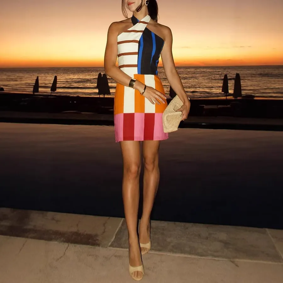 Women's Halter Color Block Striped Mini Dress