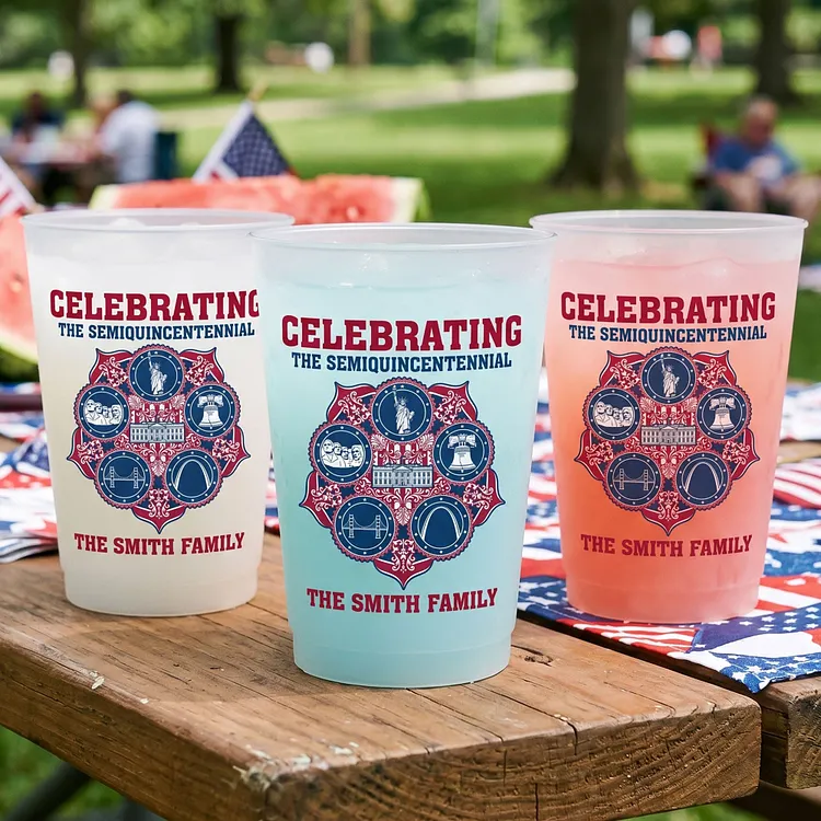 Custom Semiquincentennial Patriotic Frosted Cups &ndash; Personalized 250th Anniversary Party Cups