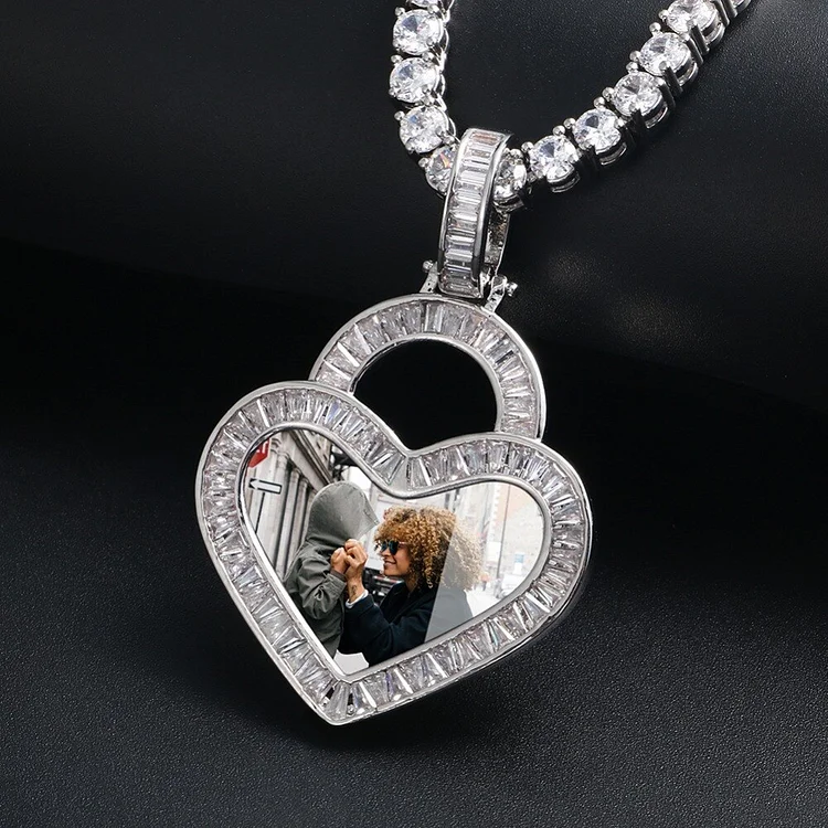 Custom Photo Iced Out Baguette Heart Memory Pendant Necklace-VESSFUL