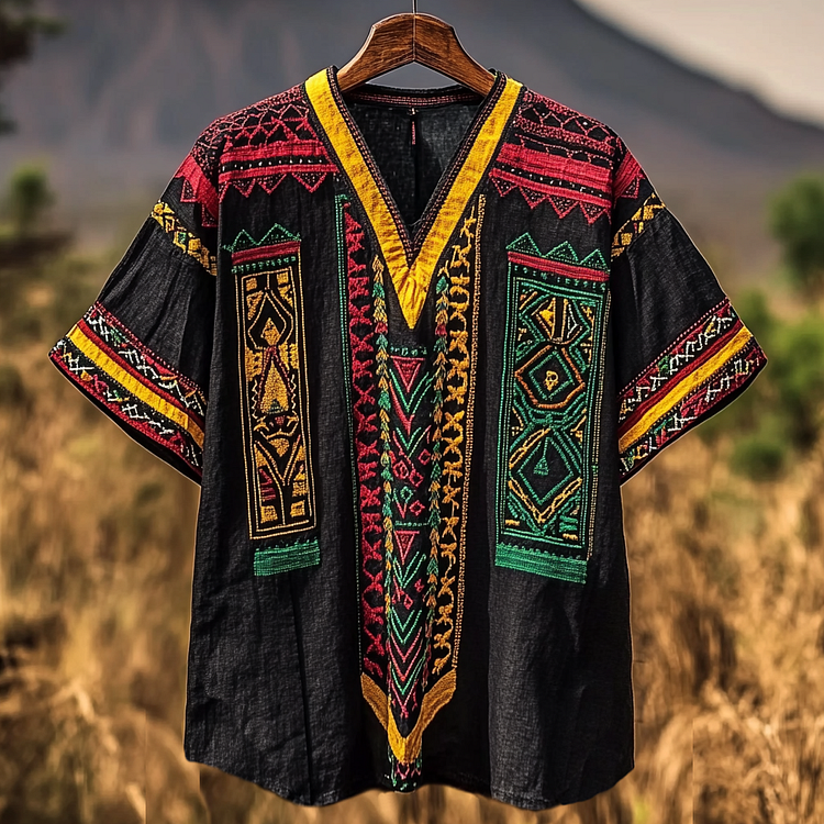 VChics Men's African Ethnic Geometric Juneteenth Art Linen T-shirt