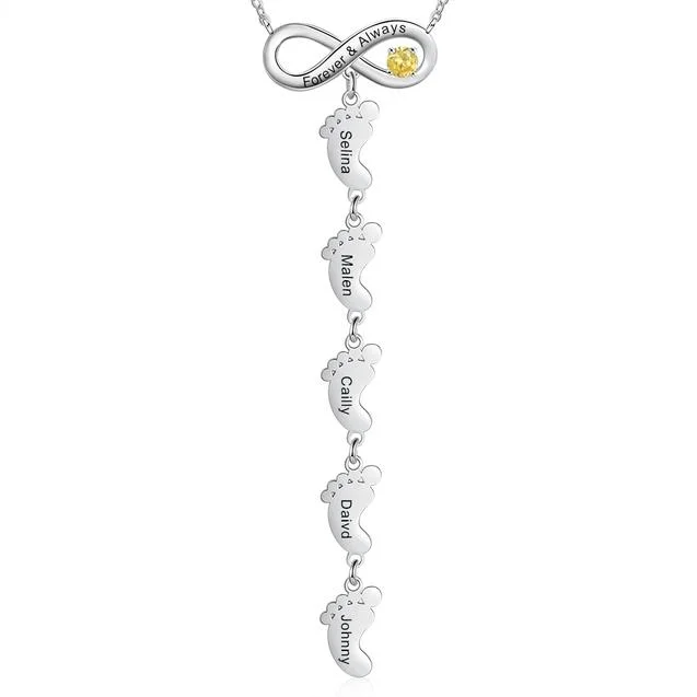 Kettenmachen Infinity Baby Füße Halskette Halskette mit 4 Kindernamen und 1 Geburtsstein