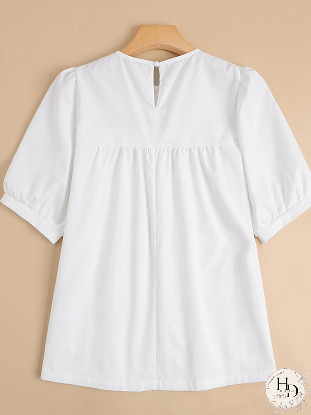 Half Sleeve Pleats Solid Leisure Round Neck Blouse