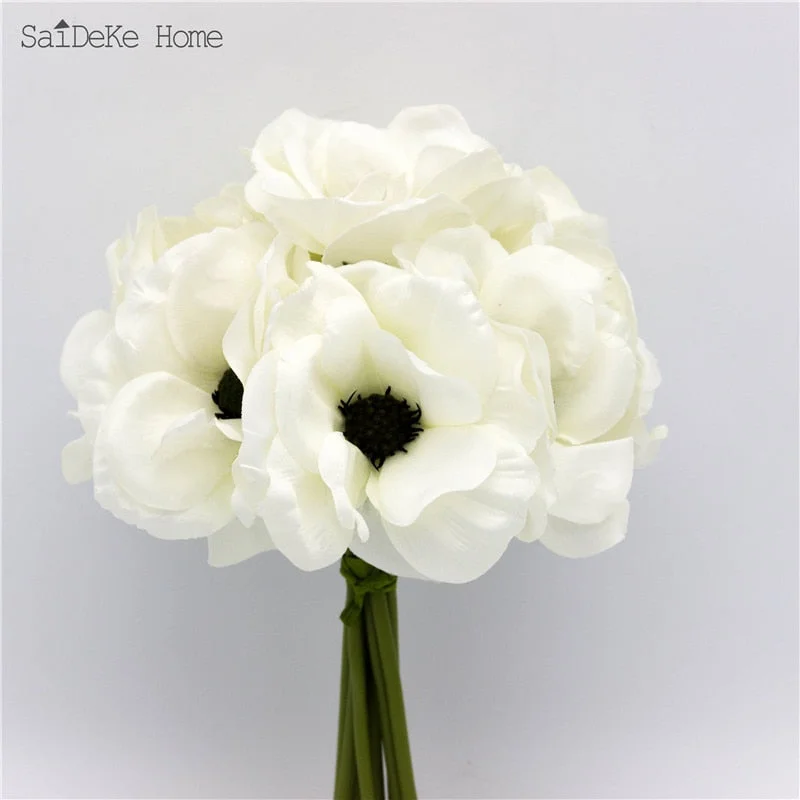 9PCS/LOT Silk Beautiful White Anemon Artificial Flowers Bouquet Home Furnishing Decorative Simulation