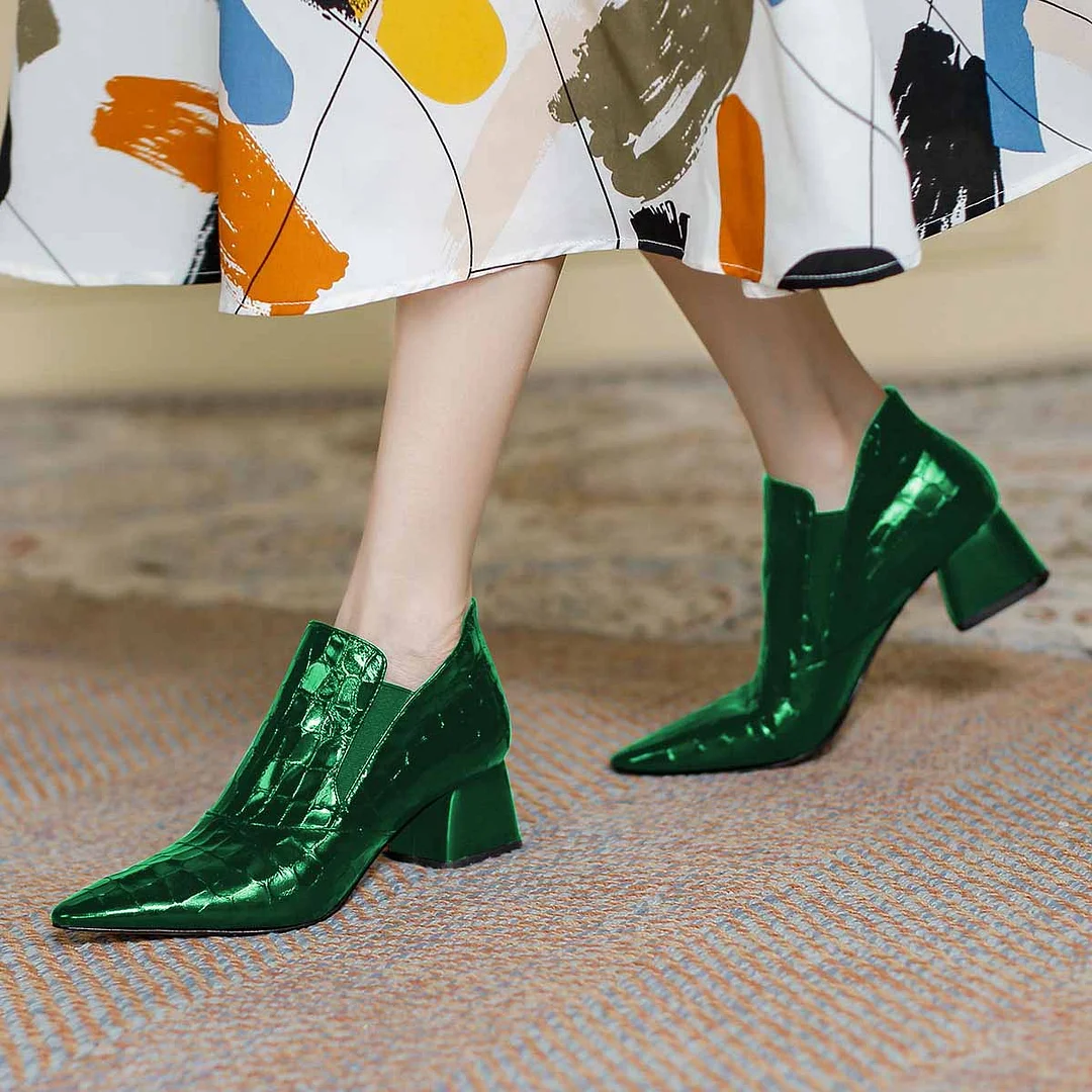 Green Pointed Toe Chunky Heel Crocodile Embossed Short Boots for Women