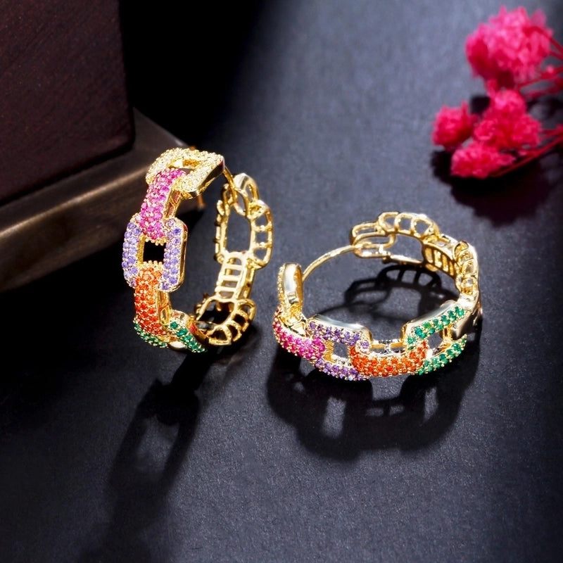 1 Pair Casual Vintage Style Round Rainbow Plating Inlay Copper Zircon Hoop Earrings