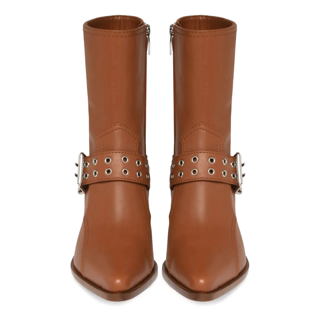 Brown Vegan Leather Pointed Buckle Inlay Ankle Boots with Block Heel
