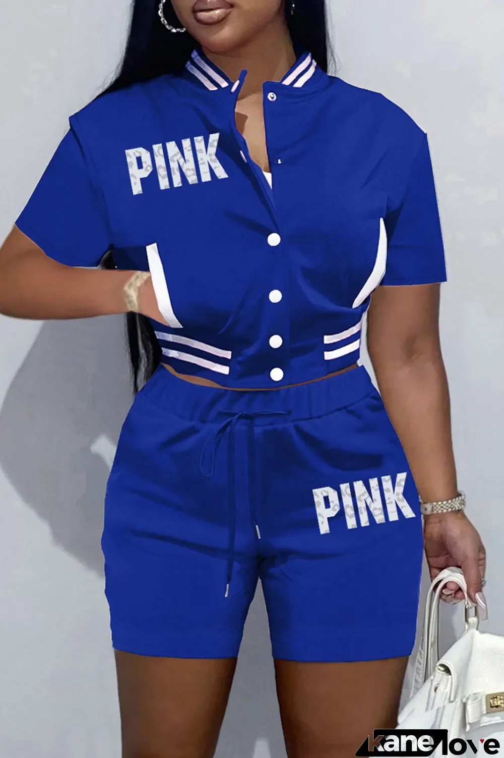 Blue Casual Letter Print Basic Short Sleeve Two Pieces