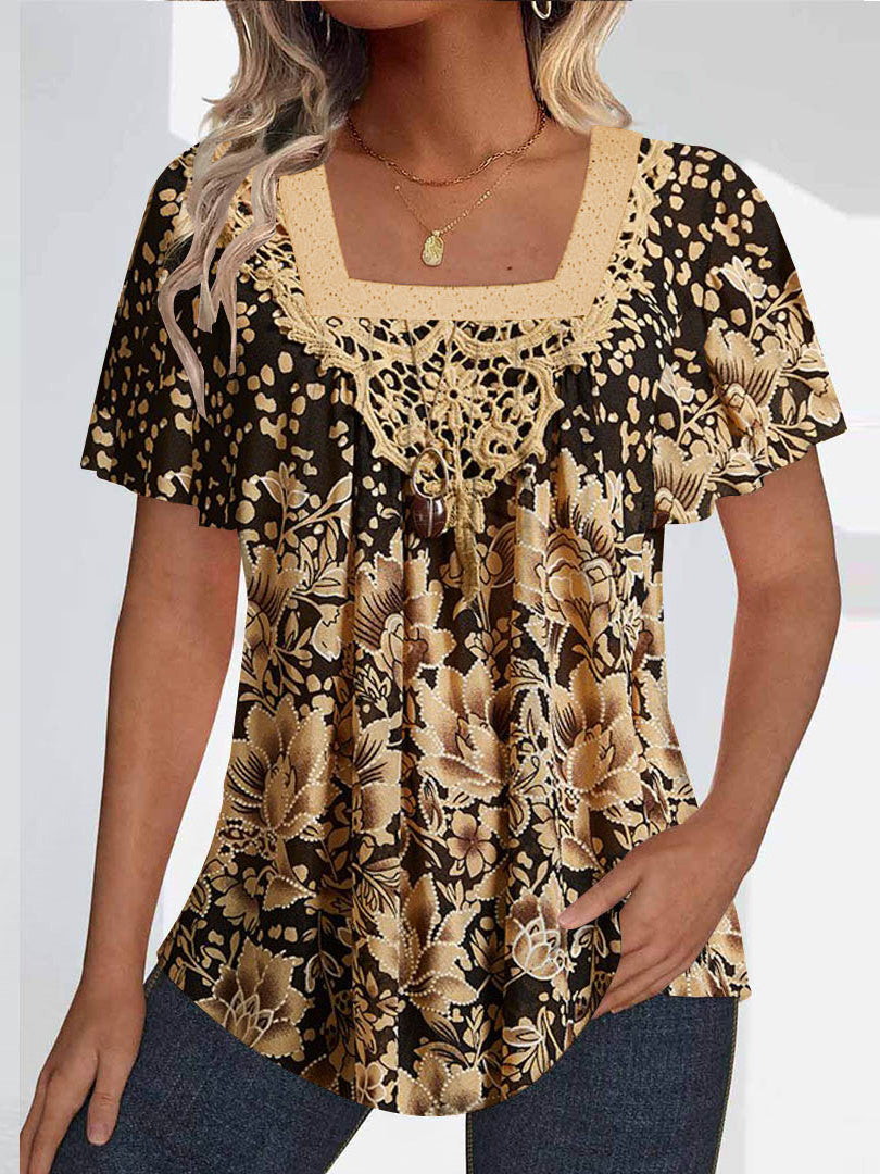 Women Short Sleeve U-neck Floral Printed Graphic Tops