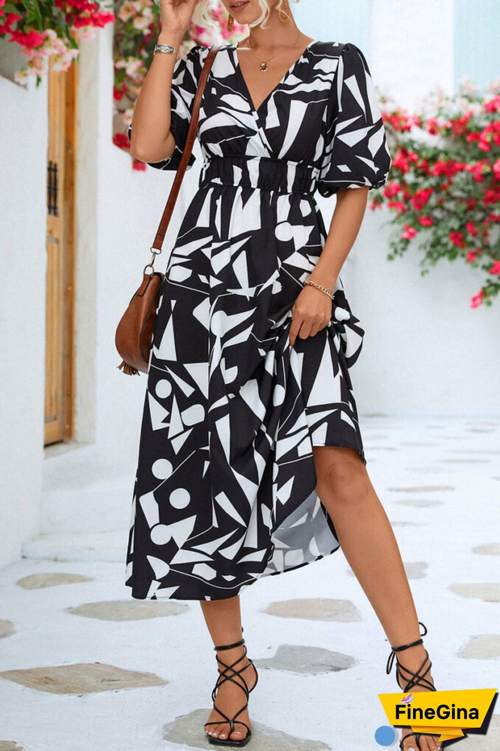 Print V Neck Beach Bubble Sleeve Midi Dress