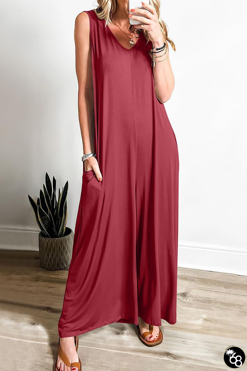 Casual Simplicity Solid Pocket V Neck Loose Jumpsuits | 168DEAL