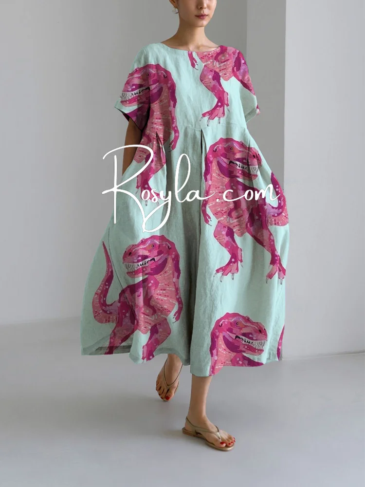 Women's Casual Dinosaur Print Loose Round Neck Medium Length Skirt Dress