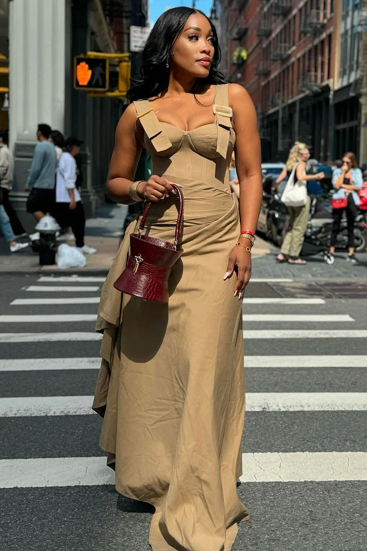 Straps Cinch Waist Sash Decor Cargo Sleeveless Maxi Dresses-Khaki [Pre Order]