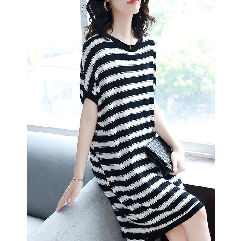 Short Sleeve Striped Mid-length Knitted Dress Summer Graceful And Fashionable Loose Skirt Women's