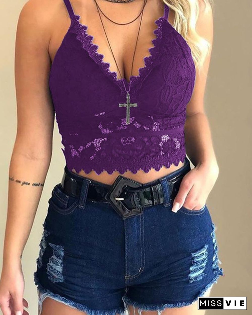 Lace  Hollow Out Spaghetti Strap Top